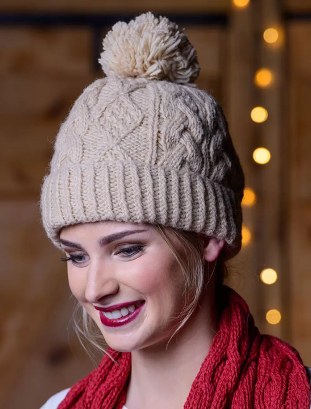 Hot Aran Fleece Lined Rib Cap with Pom Women Caps & Hats