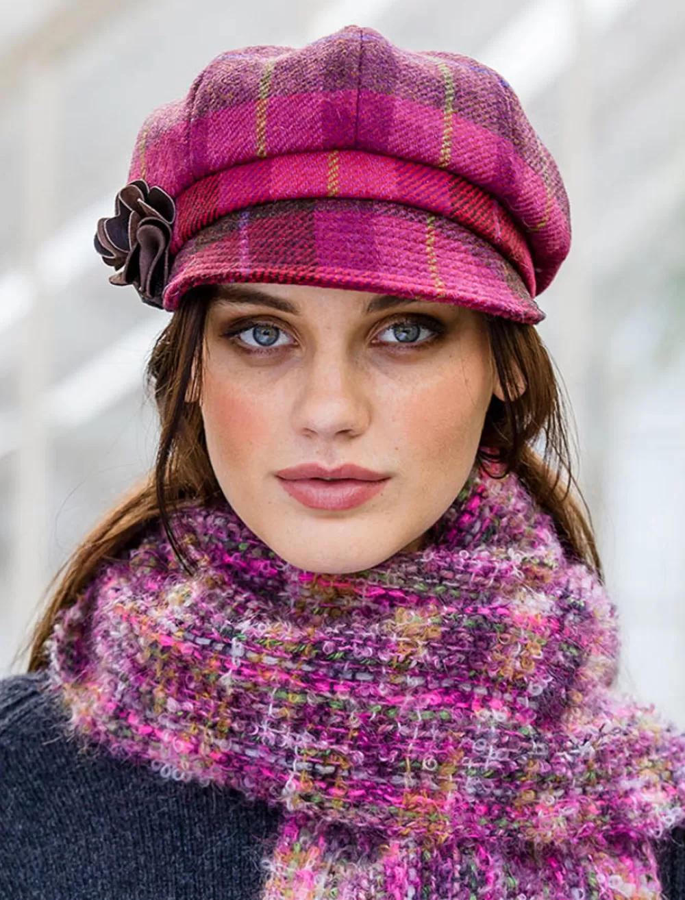 Online Ladies Tweed Newsboy Hat - Pink Plaid Women Caps & Hats
