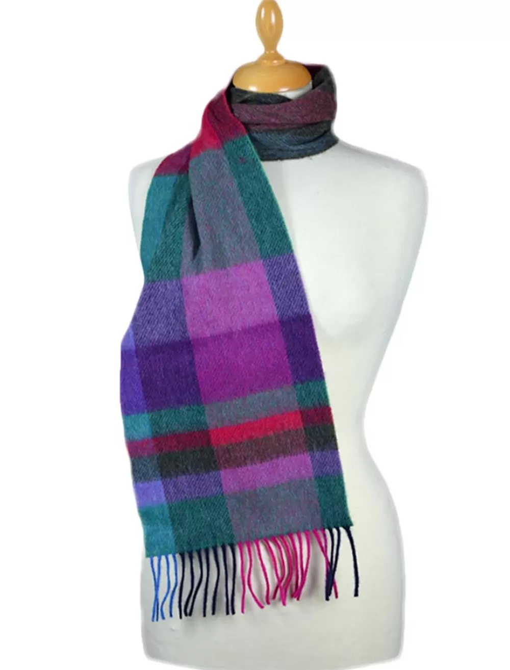 New Narrow Lambswool Plaid Scarf - Green Fuschia Women Plaid & Tartan Scarves | Lambswool Scarves